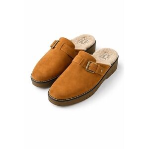 Naturalizer Womens Tan Suede Shearling Lined Platform Mules Clogs Buckle Sz 8.5M